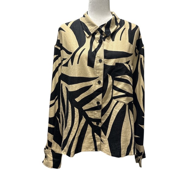 Joie Tops - Joie Women's XL Linen Rayon Button-Up Blouse Black Beige Abstract Leaf Print